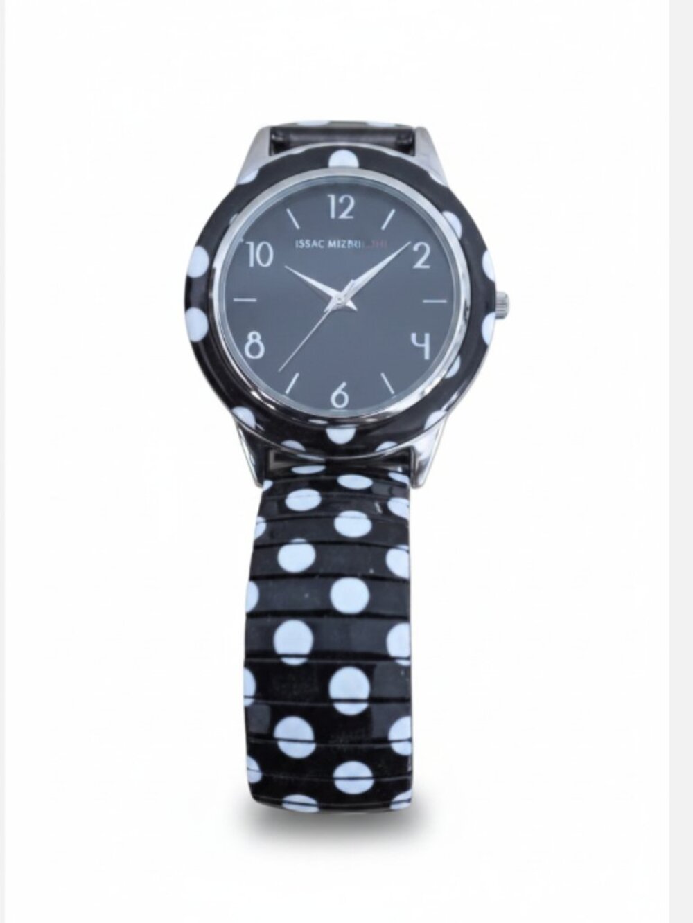 Isaac Mizrahi Live Women's Watch Black White Polka Dot Stretch Band Battery